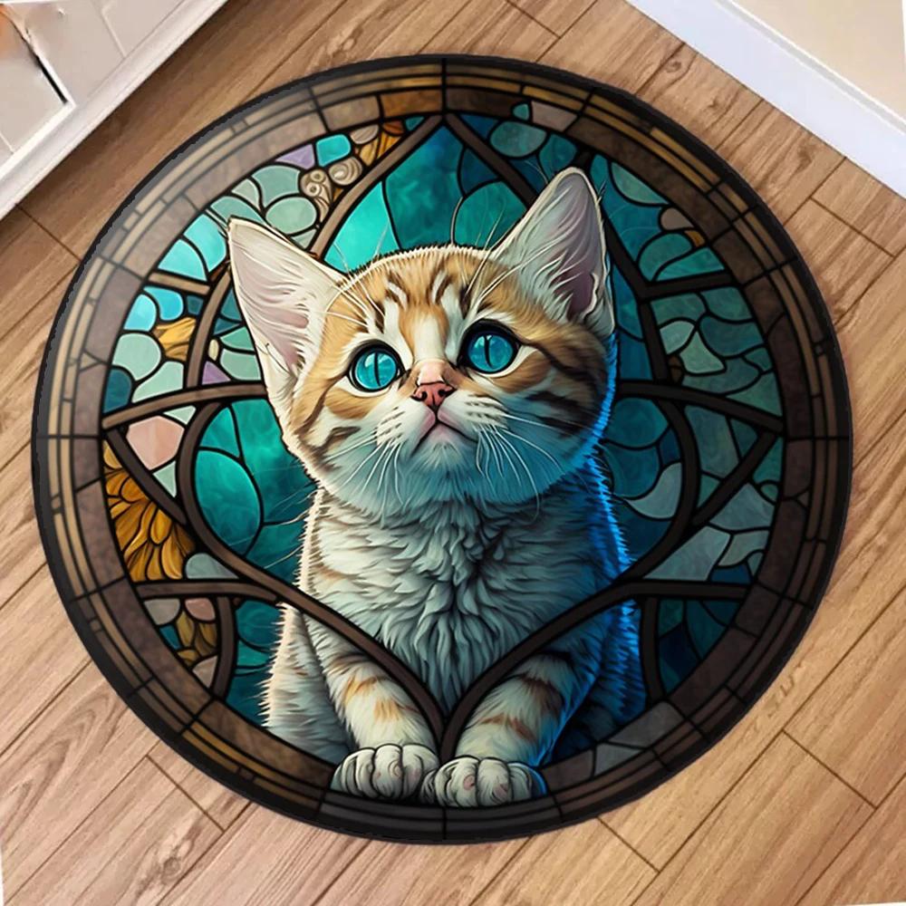 

Kawaii Cat Printed Round Carpet Non Slip Washable Flannel Rug for Living Room Bedroom Home Decor Floor Mat Diameter 40cm