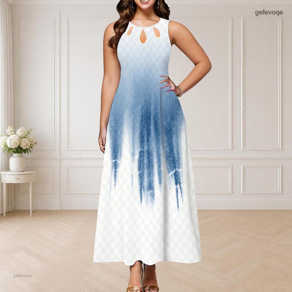 Women Plus Size Round Neck Triple Keyhole Sleeveless Tie Dye Printed Maxi Dress