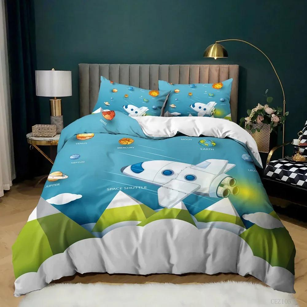 3D Cartoon Duvet Cover Set Science Fiction Space Themed with Earth and Rocket,Decorative Bedding Set,Queen Size Quilt Cover
