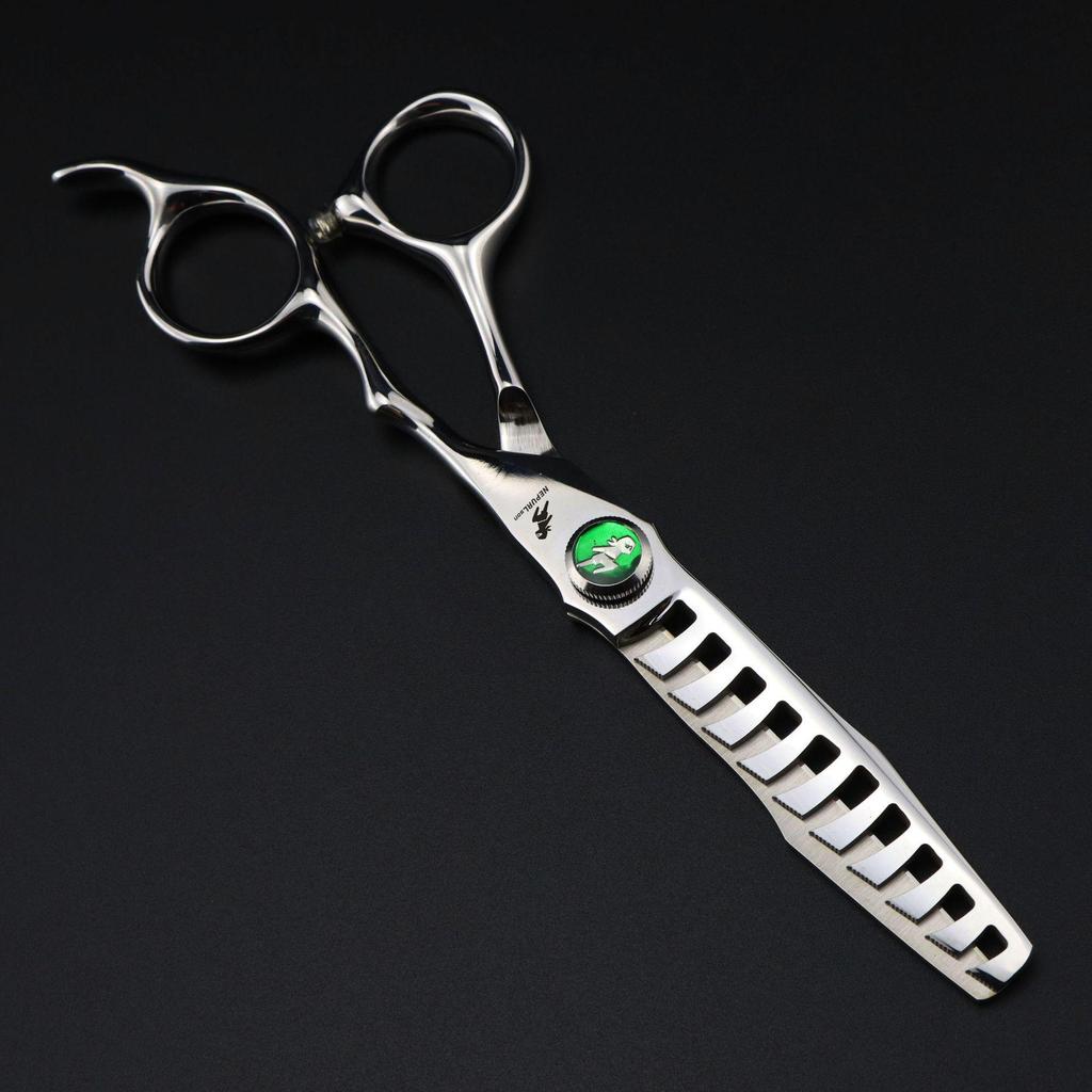 6.0-Inch Serrated Green Gem Hairdressing Scissors - Straight Shears with Antler Fishbone Design