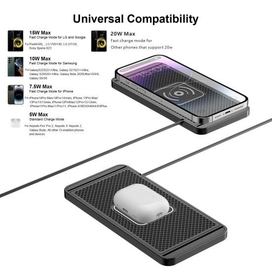 Wireless Car Charger Pad 20W Fast Charging Mat for Phone Non-Slip Cell Phone Charger Waterproof Anti-Slip Silicone Base Home Wireless Charging Pad