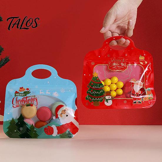 Decorative Christmas Snack Containers Treat Bags with Handles, Self-Seal Candy Cookie for Clear Window Gift Pouches Holiday Party Favors, Small Items