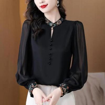 Stilvolles schwarzes Chiffon-Hemd im chinesischen Stil mit langen Ärmeln und Stehkragen-Stickerei für Damen