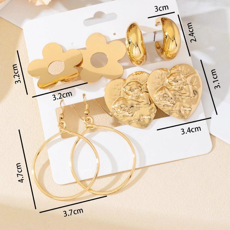 A set of four pairs of golden yellow glossy earrings, flower love, geometric style, simple, elegant and fashionable