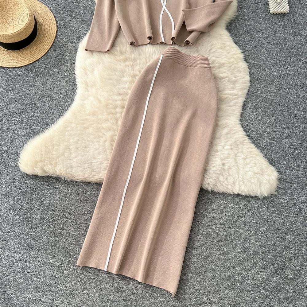 Autumn Winter Women Flower Knitted Sweater Two Piece Set Full Sleeve Pullover Top and Long Midi Slim Bodycon Sheath Skirt Outfits