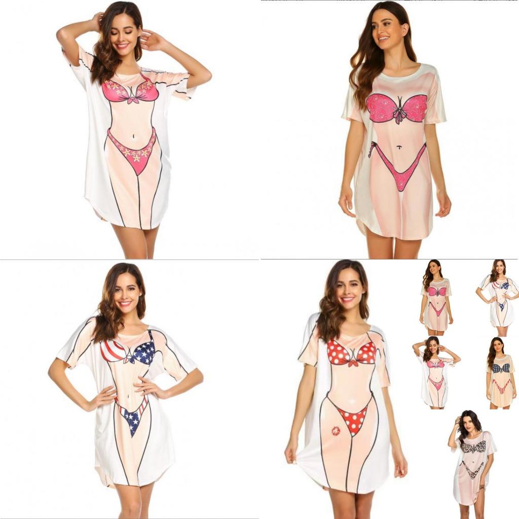 Bikini Pattern Graphic T Shirt For Women Summer Beach Casual Loose Fit Top
