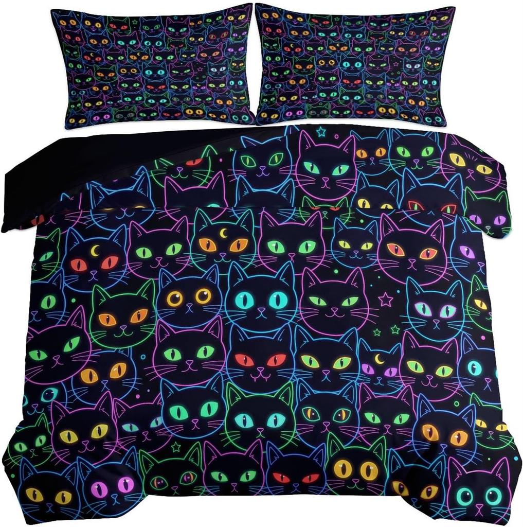 Bedding Sets 2Pcs,Watercolour Bedding Set, Black Cat Quilt Cover and Pillow Cases Soft Microfiber Duvet Cover for Boys and Girls