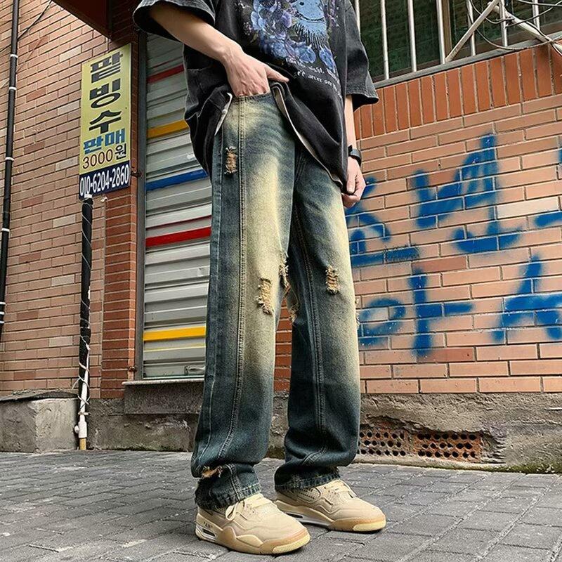 American Washed Pants High Street Retro Ripped Jeans Men's Summer Straight Loose High-end Beggar Pants