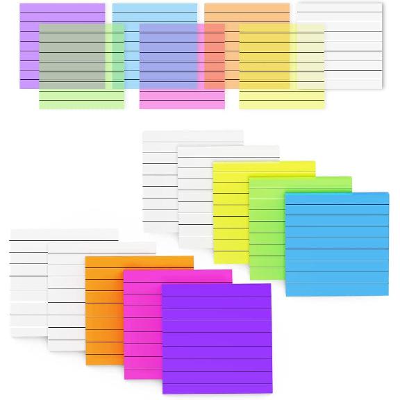 MIUTME Lined Sticky Notes Transparent, 7 Colors Bright Self Sticky Notes Clear Pad, Waterproof Translucent Memo with Line (3X3 inch, 500Pcs) Line Sticky Notes