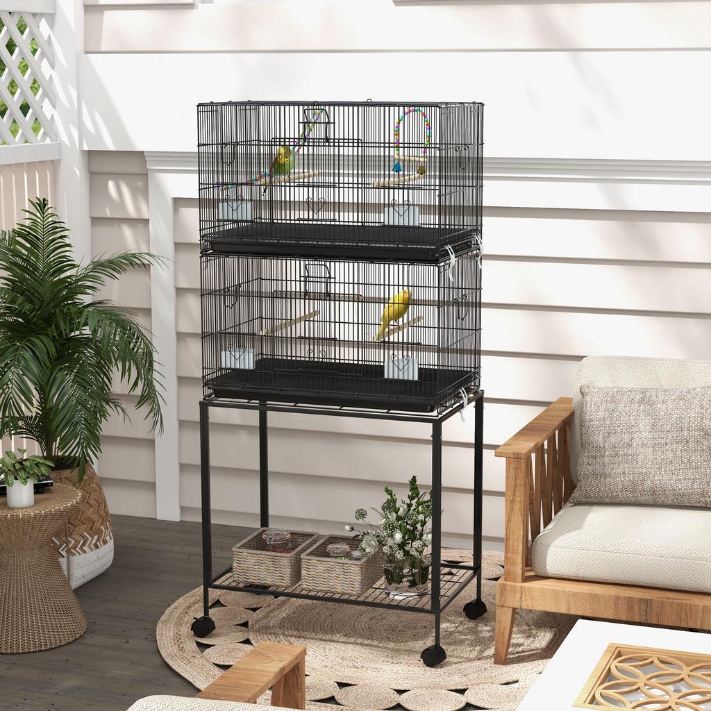 Steel and PP Bird Cage, Stacked Design with Perches, Swings and Ladders, 77x46x164 Cm, Black