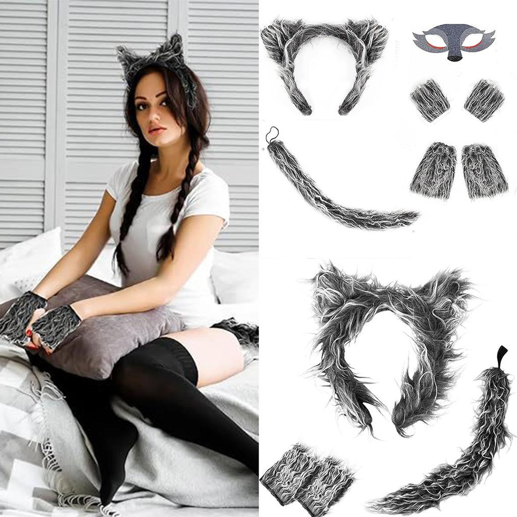 Unisex Gray Wolf Headbands and Tail Set for Kids Accessory for Halloweens Decoration and Birthday Party Costumes