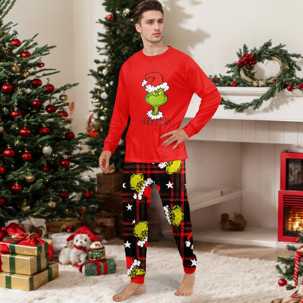 Matching Family Printed Neck Long Sleeve and Long Pants Loungewear Set