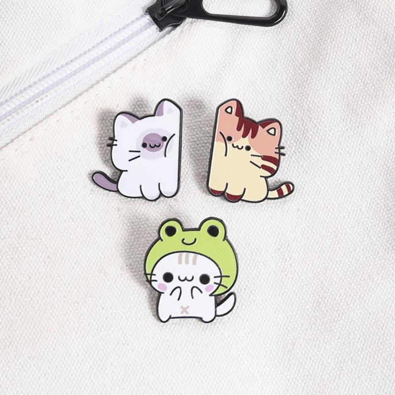 Cozy Chonky Cat Enamel Pins Set Cartoon Cat Brooches Frog Hat Tabby Cat Lapel Badges Jewelry Accessories Gifts For Girls