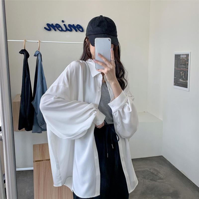 Koszula oversize Damska letnia szykowna kardigan Lantern Sleeve Biała koszula z długim rękawem Top na co dzień