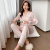 Pajamas women's spring and autumn thin ice silk long-sleeved two-piece set small fresh satin chiffon loungewear simple and casual