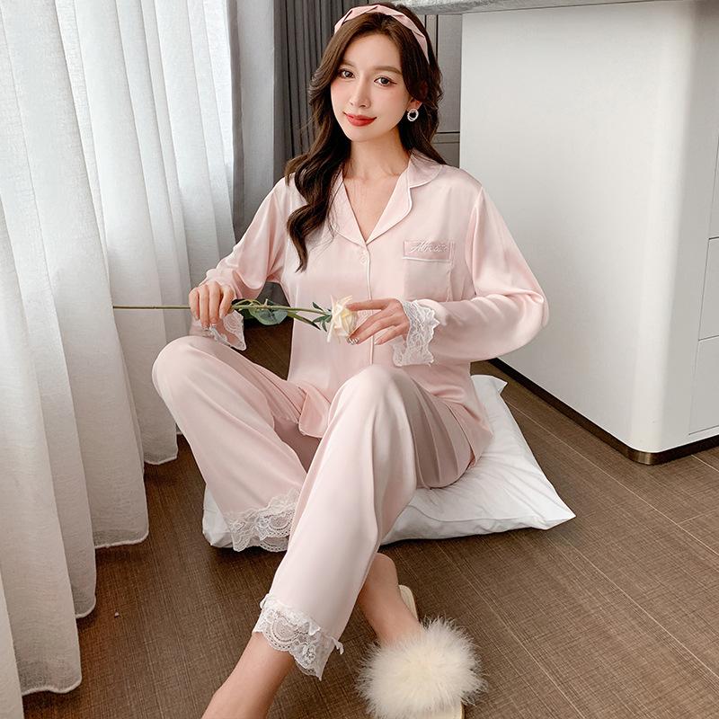 Pajamas women's spring and autumn thin ice silk long-sleeved two-piece set small fresh satin chiffon loungewear simple and casual