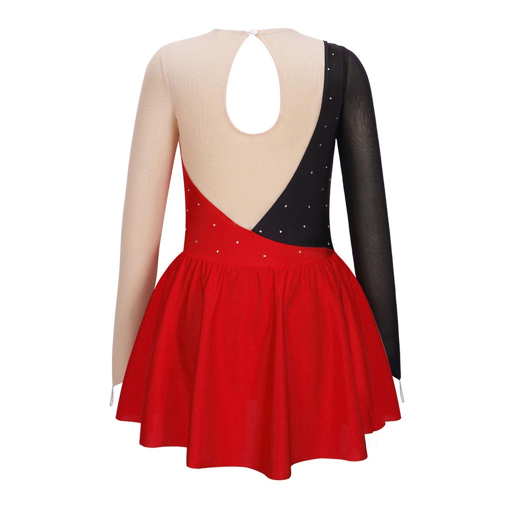 Barn Jenter Langermet kunstløpskjole Shiny Rhinestone Sheer Mesh Tutu Ballett Gymnastikk Danse Leotard-kjole Danseklær
