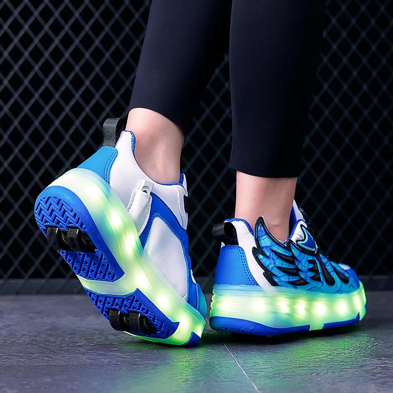 28-37 Children's Four-wheel Disassembly Into Flat Sports Shoes LED Illuminated Children's Illuminated Sports Shoes