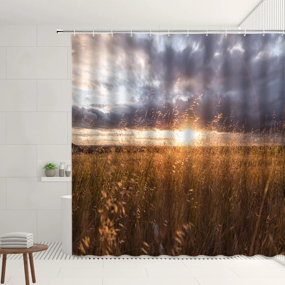 Farm Scenery Shower Curtain Old Retro Farmhouse Green Bamboo Forest Tree Autumn View Garden Decor Wall Covering Bathroom Screens