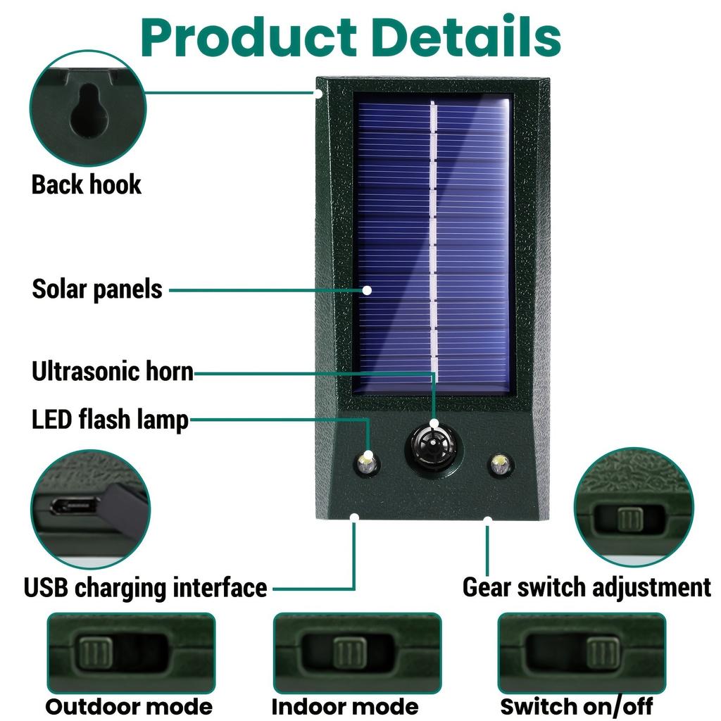 Solar Powered Ultrasonic Destroyer with Motion Sensor and Flash, Suitable for Repelling Dogs, Cats, Birds, Squirrels, Raccoons, Skunks, Mice, Moles