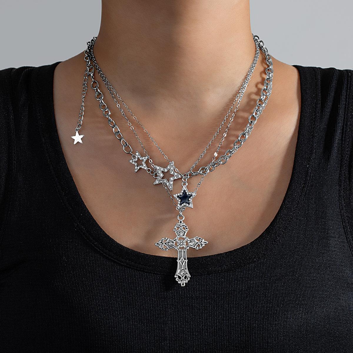 

3-piece fashionable and simple hollow cross pendant necklace with oil dripping pentagram metal chain for women s necklace set