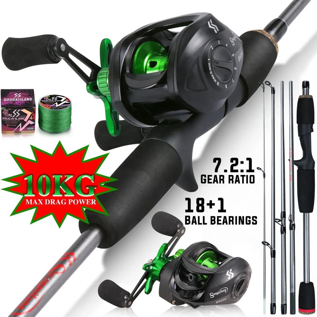 Sougayilang Angelruten-Kombination 1,7 m Kohlefaser-Wurfrute und Baitcasting-Rolle mit kostenlosem PE-Schnur Max. Bremskraft 10 kg für Barsch