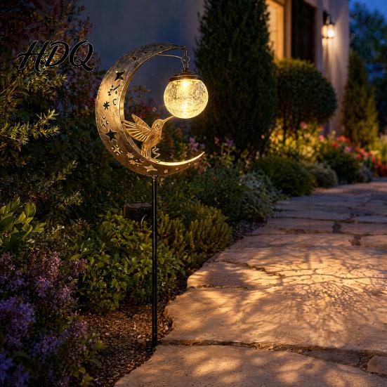 Lawn Solar Lights Moon And Hummingbird Garden Light Outdoor Cracked Glass Ball Stake Decorative Lamp for Yard Waterproof Automatic LED Lighting