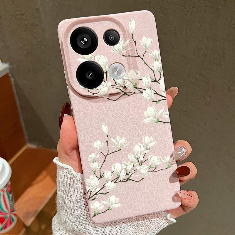 

Простой растительный цветочный принт TPU матовая кожа текстура тонкий чехол для телефона Xiaomi 13T Pro Poco X6 M6 Pro Redmi Note 14 Pro 13 12 11 мягкий противоударный чехол Redmi Note 13 Pro 4G светло-розовый