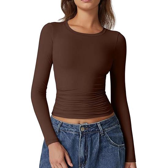 European & American Long Sleeve Round Neck Milk Silk Pullover Tops for Women