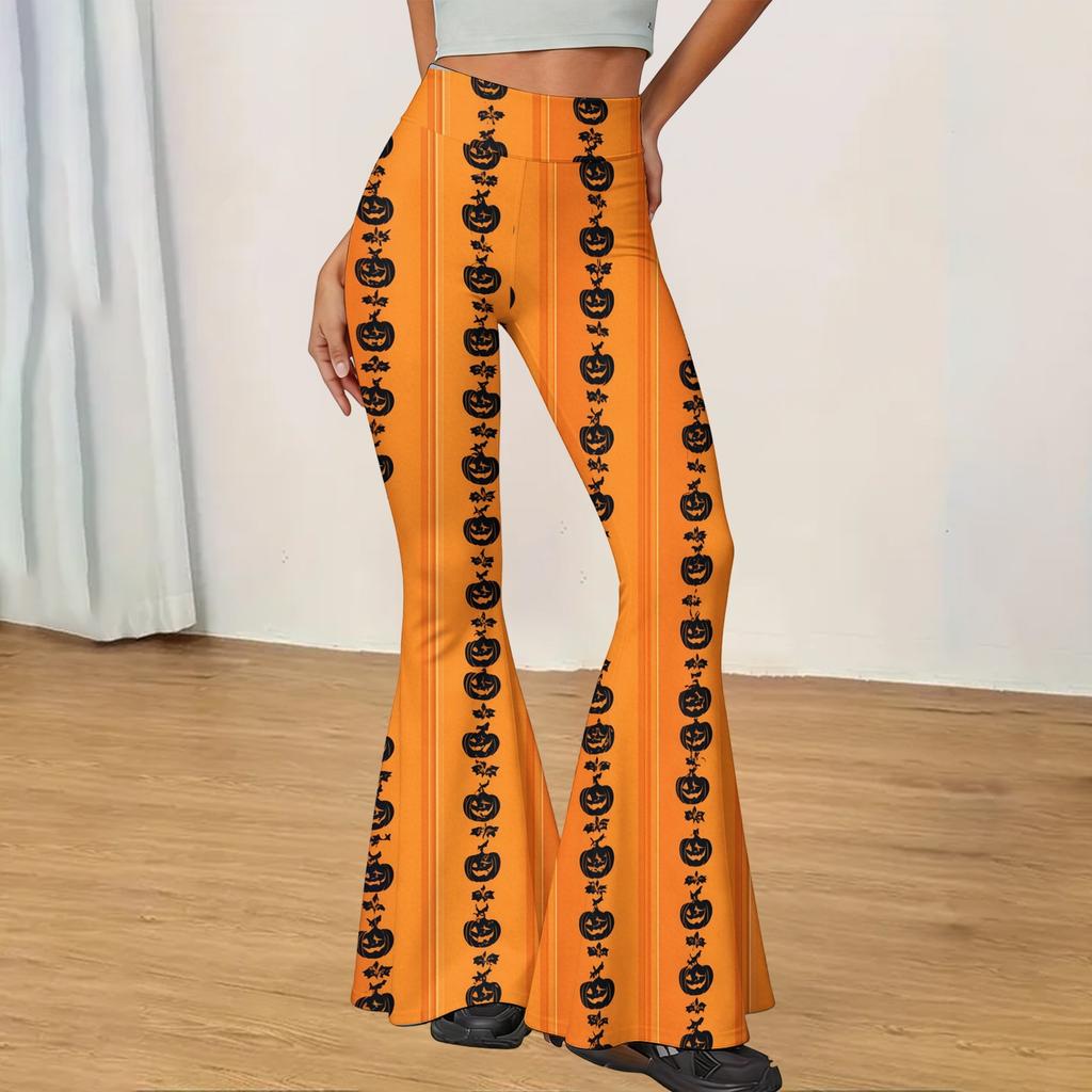 Women's Halloween Print Flared Yoga Pants High Waist Stretch Casual Fitness Leggings with Pumpkin and Spiderweb Design
