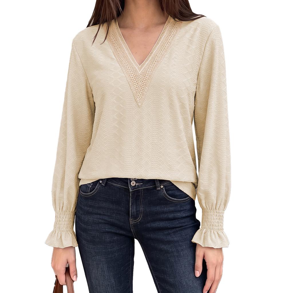 TIFICY Women's Fashion Casual Spring Autumn Solid Color Print Long Sleeve V-Neck Blouses & Shirts