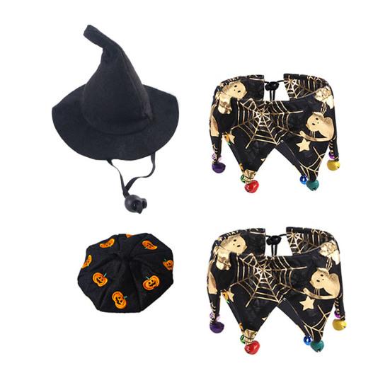 Halloweenský klobouk čarodějnice a set šály s bryndákem se vzorem lebky a pavučiny, obojek pro domácí mazlíčky se zvonkem a set klobouku čarodějnice/baretu dýně pro malé psy a kočky