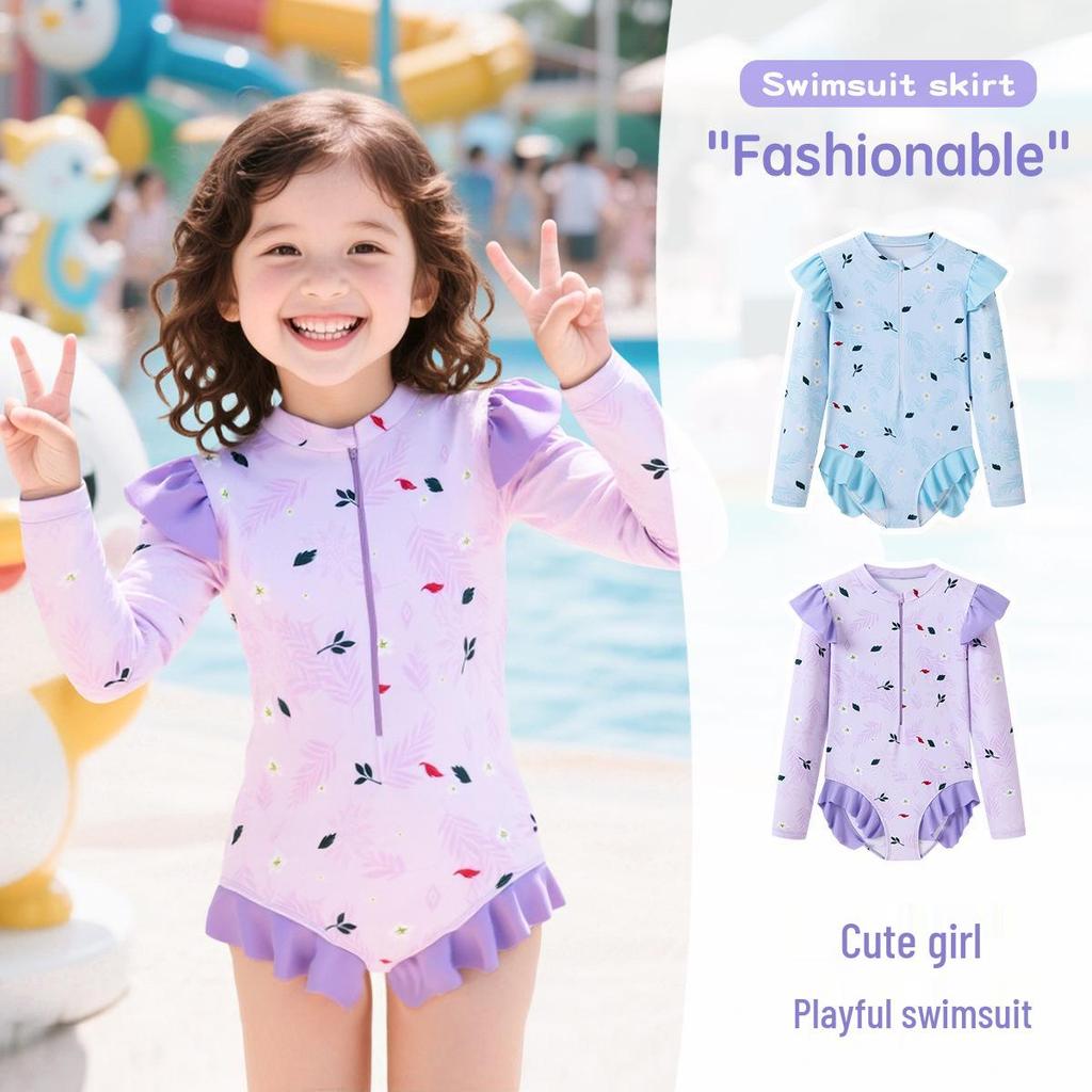 Girls' Long Sleeve Sun Protection Quick-Dry One-Piece Swimsuit
