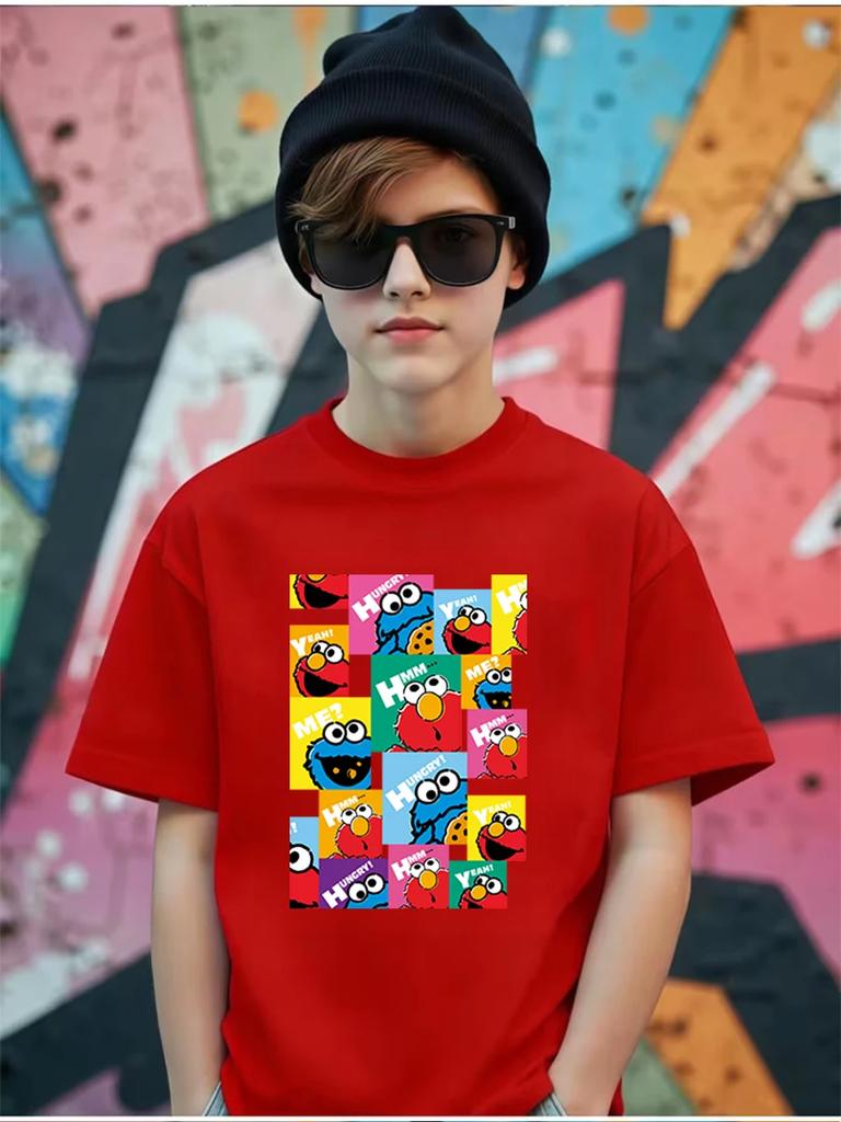 Cute Sesame Street Cartoon Short Sleeve Tee For Children Summer Casual Crewneck Top Boys Girls Age 3-14