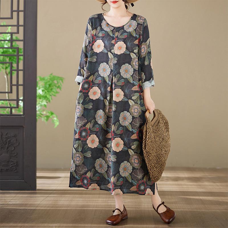 Spring 2026 New Style Plus Size Printed Long-Sleeved Dress with Round Neck