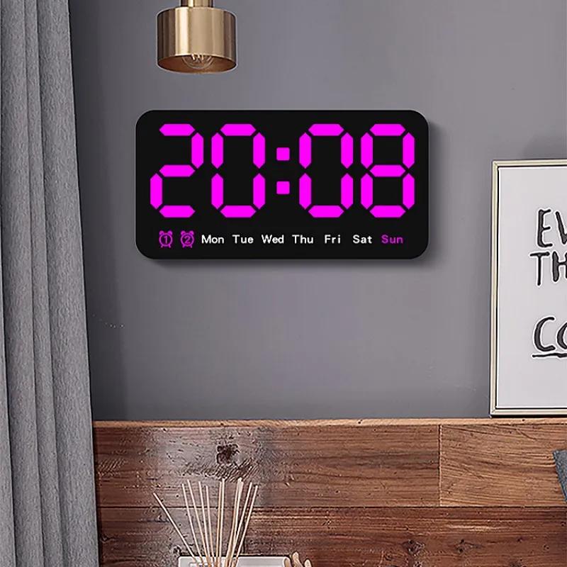 Ses Kontrollü Büyük Dijital Duvar Saati Sıcaklık Tarih Hafta DST Erteleme Masa Saati 12/24H Çift Alarm Duvara Monte LED Saat