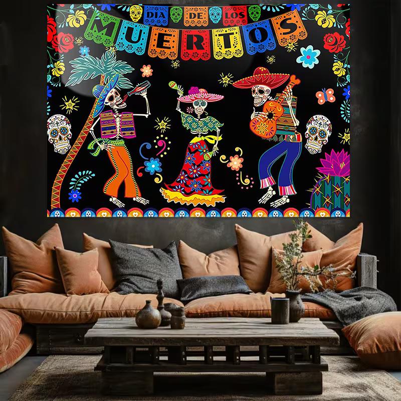 2D Mexican Day of the Dead Photography Backdrop with Sugar Skulls and Flowers 47.2x31.5inch/120*80cm