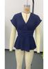 Women Solid Surplice V Neck Peplum Top, Cuffed Cap Short Sleeve Elastic Waist Wrap Front Flared Hem Casual Office Blouse