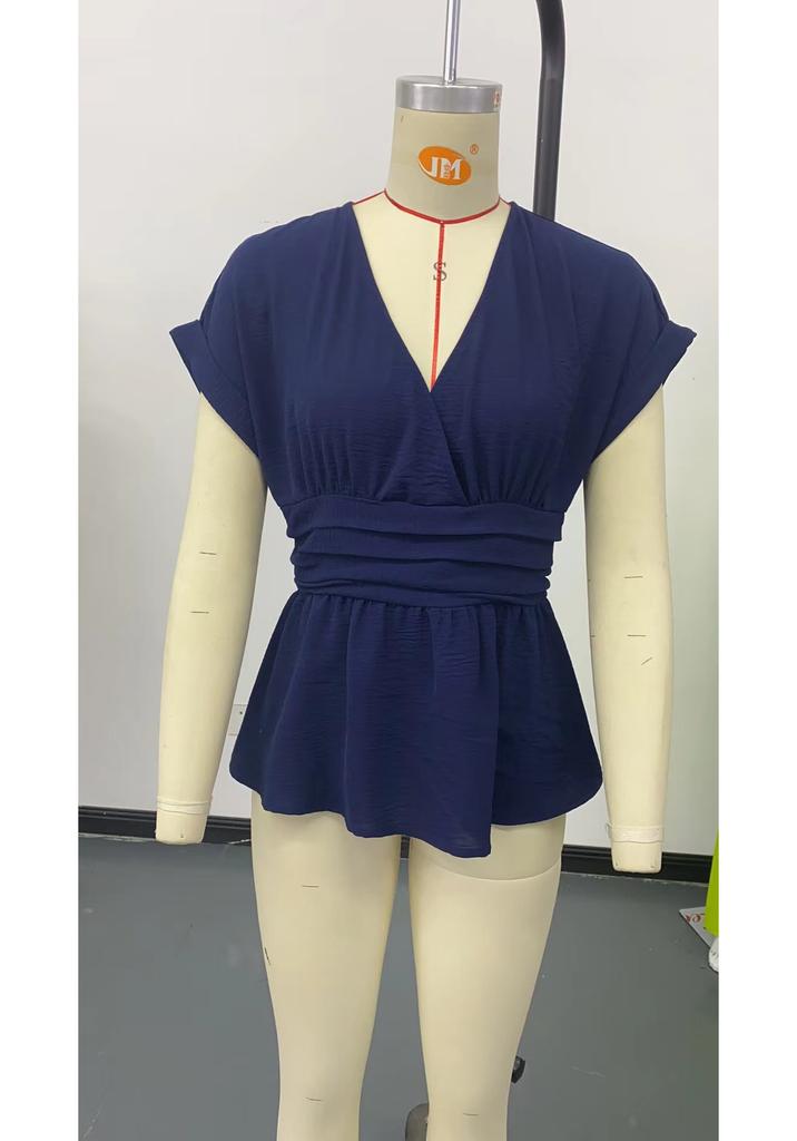 Women Solid Surplice V Neck Peplum Top, Cuffed Cap Short Sleeve Elastic Waist Wrap Front Flared Hem Casual Office Blouse