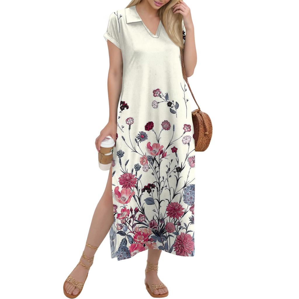 Damen Langer Rock Lässiges V-Ausschnitt Langes Hemdkleid Lockerer Schlitz Urlaub Kurzarmkleid