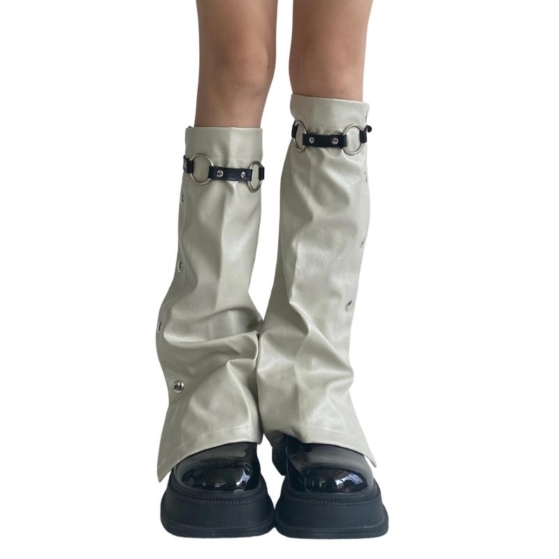 Women Punk Buckle Leather Leg Warmers Harajuku Grunge Leg Socks Side Buttons Wide Baggy Boot Covers Gaiters Streetwear