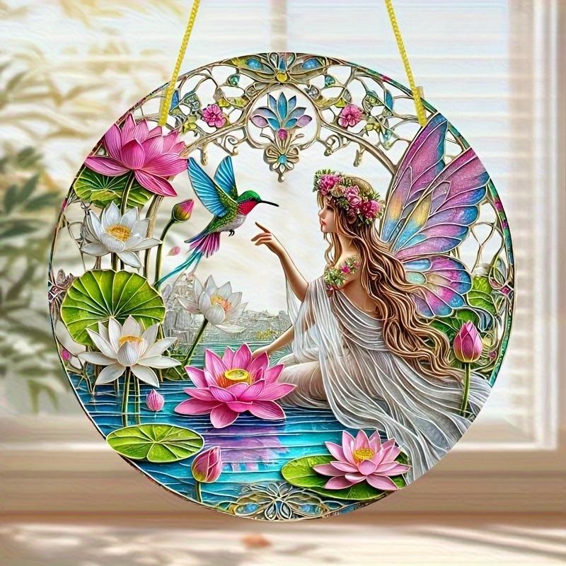 Barevná 2D plochá akrylová dekorace květiny a kolibříka, Nevyžaduje baterie/elektřinu, Jedinečná vnitřní/venkovní dekorace, Víceúčelová tradice