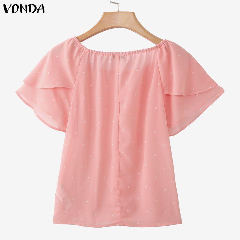 VONDA Summer Women Casual O Neck Polka Dots Short Sleeve Blouse Tops