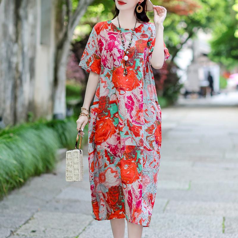 Vintage potisk Dlouhé šaty pro ženy Nadměrná velikost Volný Krátký rukáv Móda Elegantní Dámské šaty Letní Vintage oblečení