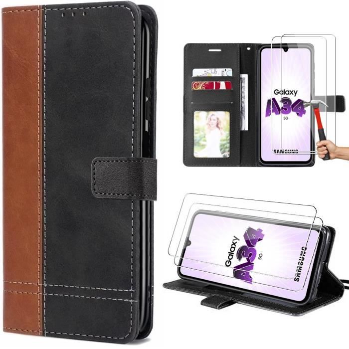 2 Verres Trempés+ Coque pour Samsung Galaxy A34 5G - Anti-Rayures Effet Cuir Marron Bicolore