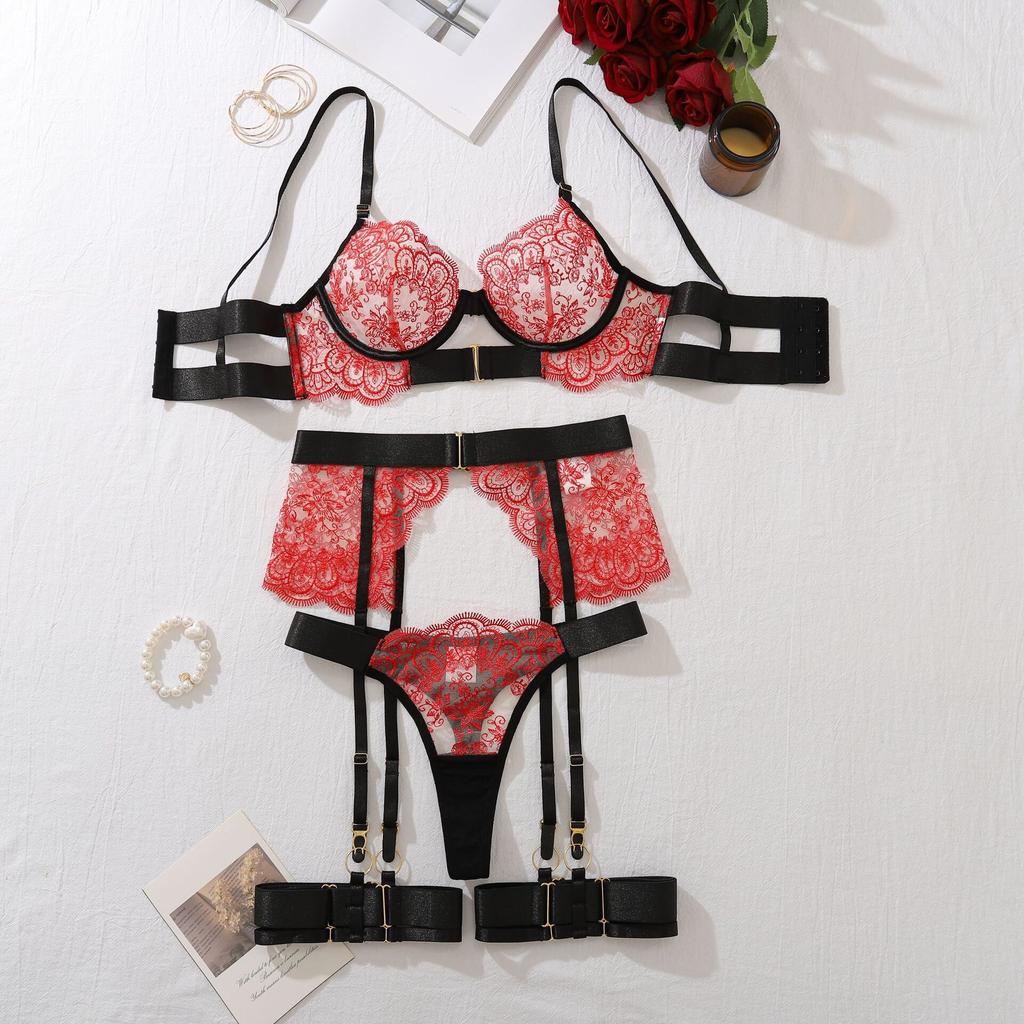 New Design Delicate Embroidery Lace See Through Women's Lingerie Set Sexy Luxury Garter Belt Mesh Bra and Panty Set