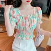 French Bubble Sleeve Floral Blouse for Women Small and Unique Design Small and Unique Short Top