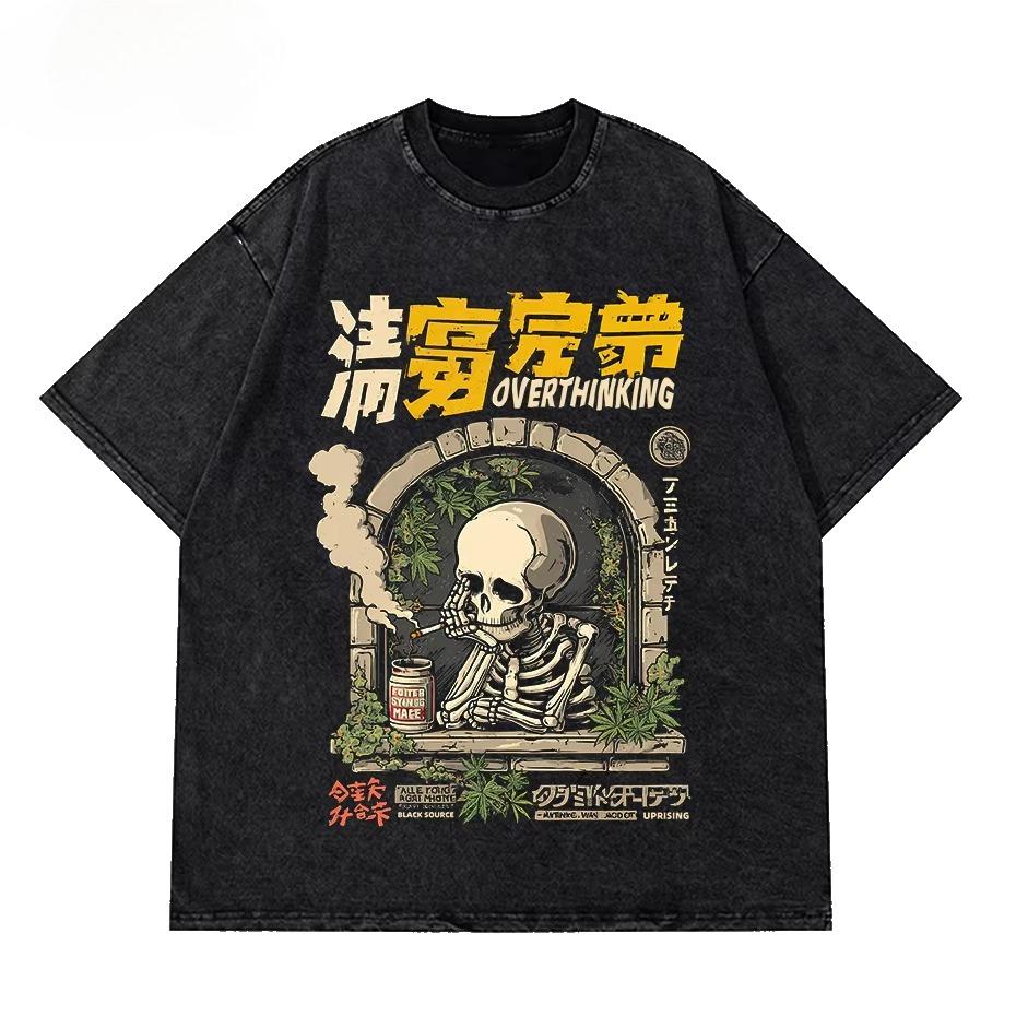 T246 Casual Cotton Washed T-Shirts Skeleton Man On The Balcony Print Tops Unisex Oversize O-Neck Graphic Streetwear Summer Short Sleeve Tee
