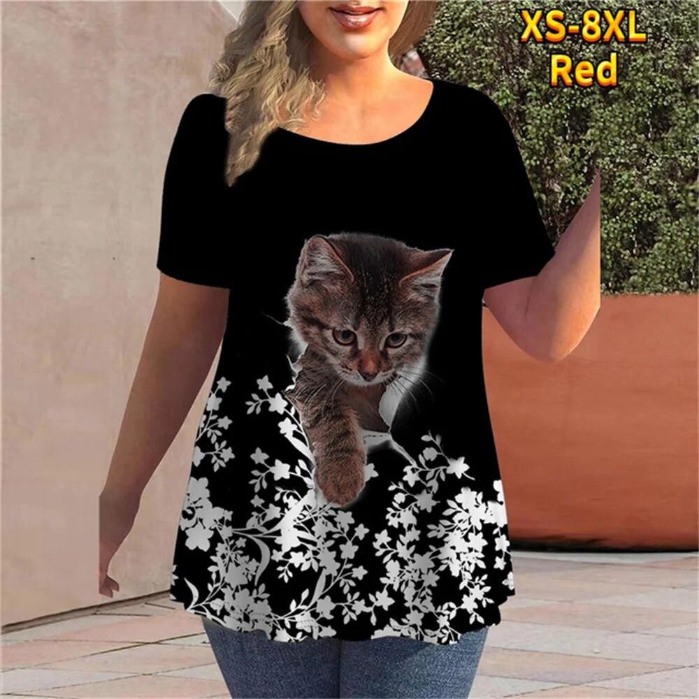 

Жіноча футболка нестандартної форми Щоденна Вулиця Милий кіт О шия Мода з коротким рукавом вільний одяг Відпочинок Літня вулиця Хіпстерські топи 8XL