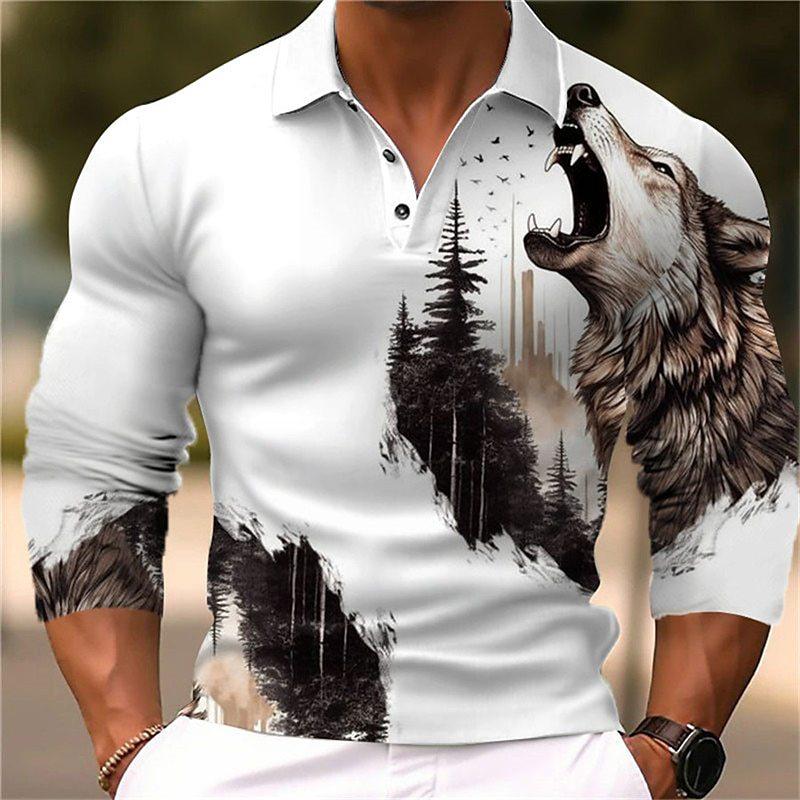 Men's Long Sleeve Polo Shirt with Tiger Print, Stylish Casual Top